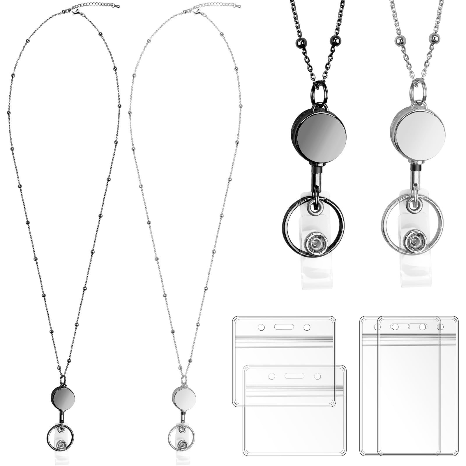 2 Pack Retractable Badge Reel Lanyard with 4 Pcs Waterproof ID Holder Retractable Stainless Steel Badge Reel Lanyard with ID Holder for Girl Women