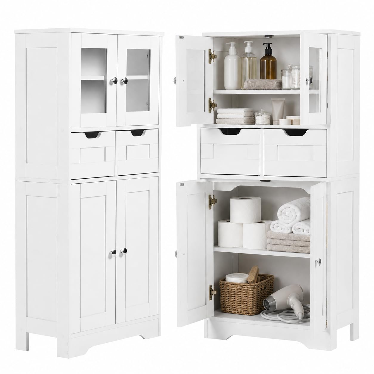 Mueble Columna de Baño Blanco, 30 cm de Fondo, 2 Cajones, 128 cm de Alto | Armario auxiliar para baño con 2 puertas de vidrio, 2 puertas opacas y 2 estantes regulables en 3 alturas.