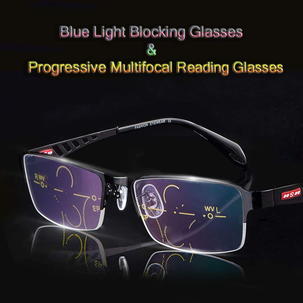Progressive multifokale Lesebrille, rechteckige Lesebrille für Herren, Blaulicht-Schutzbrille, Brille mit nahezu doppeltem Verwendungszweck, 3-fach-Optik, hohles Design, Metallbrille mit Halbrand