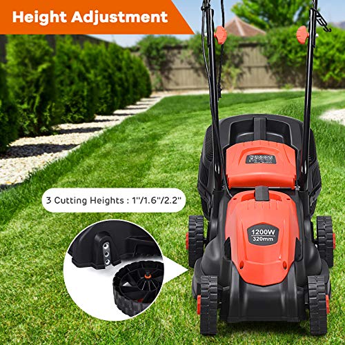Happygrill Lawn Mower 13-Inch Electric Lawn Mower, Handle Push Corded Lawn Mowers with Grass Bag, Folding Handle, Adjustable Cutting Height for Garden Yard, 12 Amp,Red