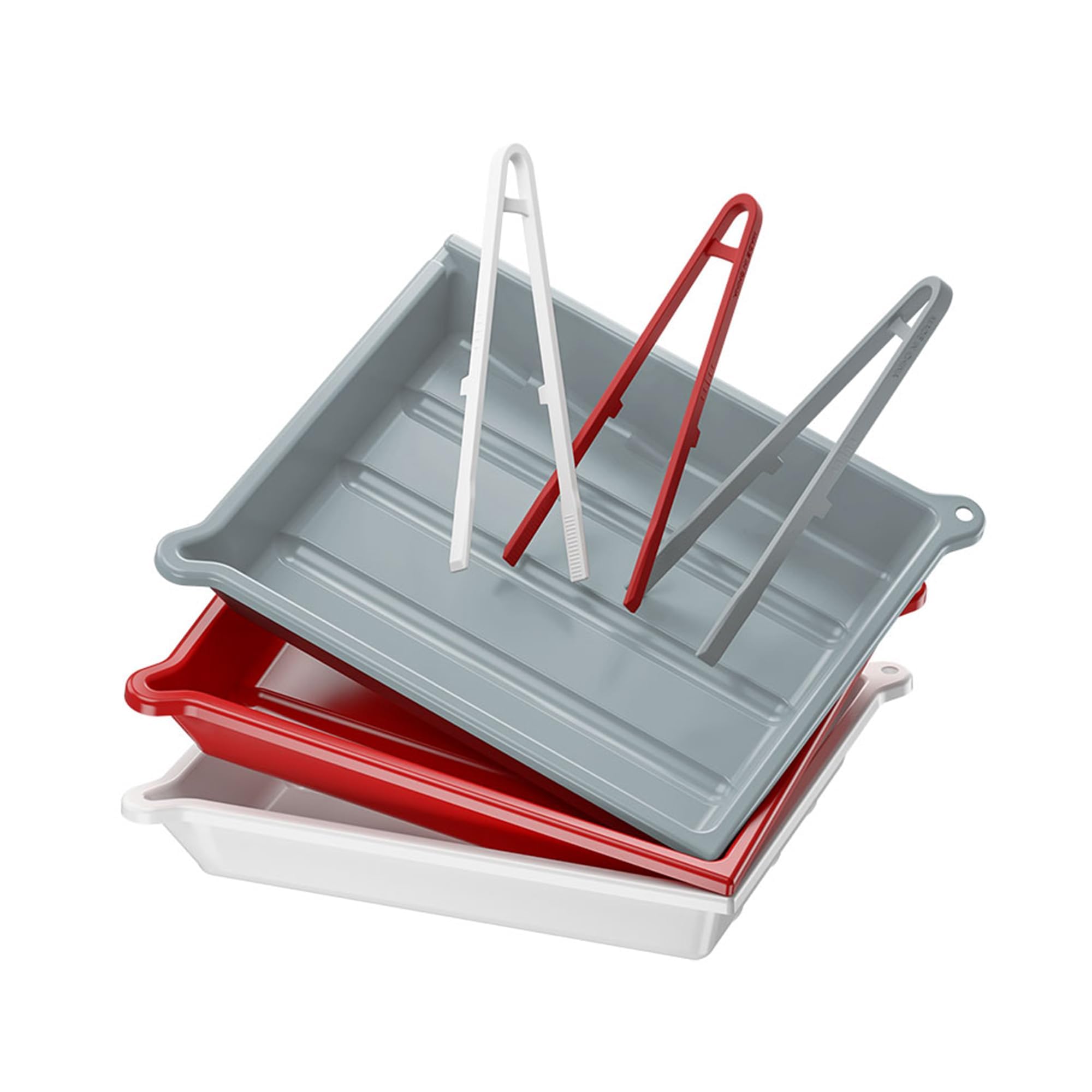 JJC Darkroom Lot de 3 plateaux de développement de films d'impression photo avec clip en silicone, port de drainage et fente pour thermomètre, 33,4 x 38,4 cm, blanc, rouge et gris