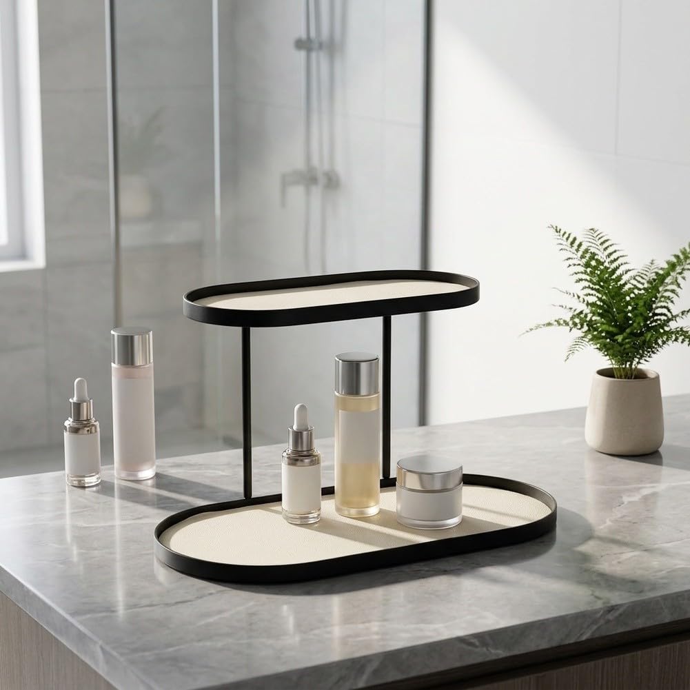 Organizer da banco a 2 livelli Scaffale da bagno Scaffale per cosmetici in metallo per articoli da toeletta Trucco Cura della pelle Supporto nero