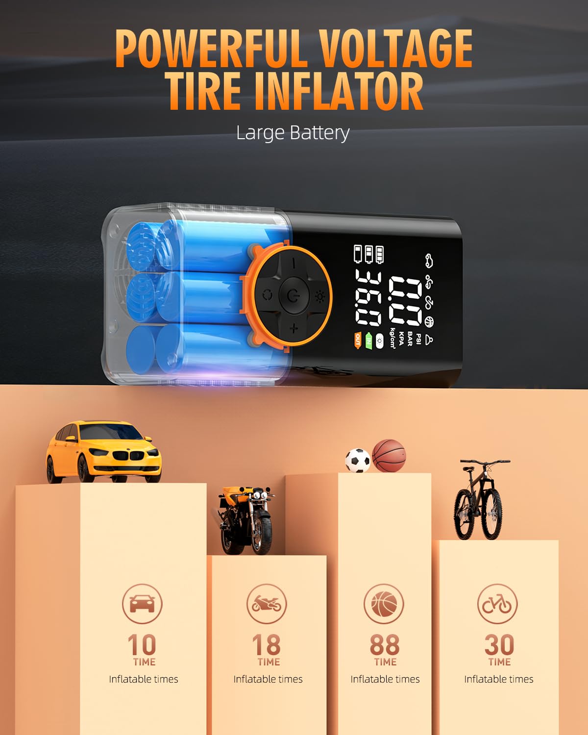 Compressore d'aria portatile per gonfiaggio pneumatici, 180 psi e 15000 mAh, gonfiaggio rapido 4 volte per pneumatici di auto, biciclette e moto, palloni