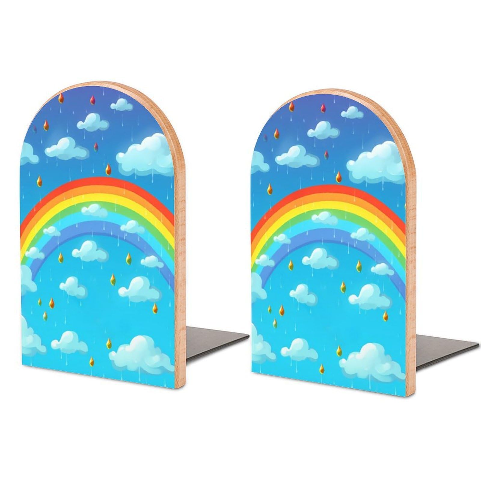 Beech Wood Book Ends Rainbow Clouds Raindrop Printed Bookend for Shelves Home Decorative Bookends for Heavy Books for Office Bookshelves