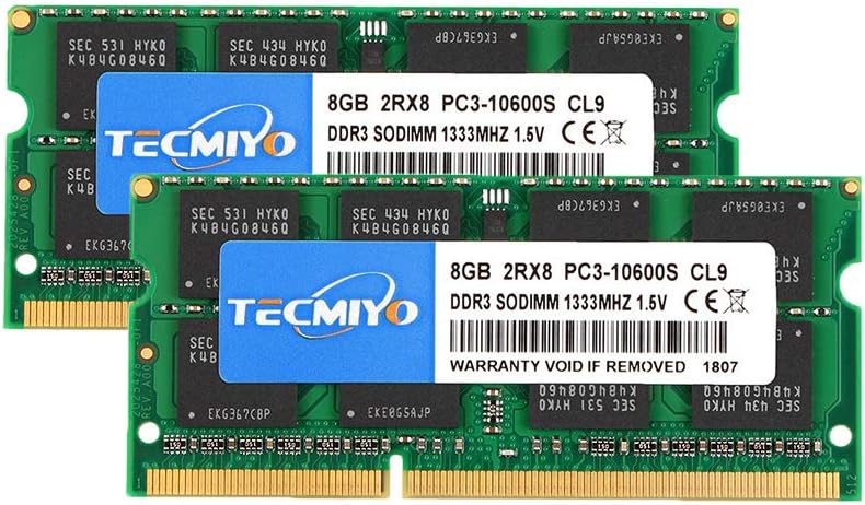 TECMIYO 16GB Kit (2x8GB) DDR3 1333MHz SODIMM PC3-10600, PC3-10600S Non ECC Unbuffered 1.5V CL9 2RX8 Dual Rank 204 Pin Laptop Notebook Computer Memory Ram Module