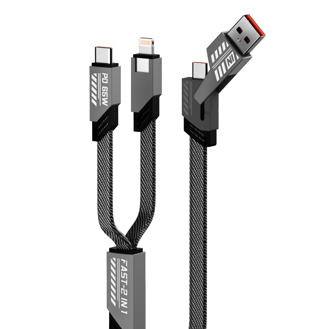 Ankus Uniwersalny kabel do ładowania 4 w 1, USB-C i Lightning, szybkie ładowanie 65 W, 1,2 m z zapięciem na rzep, kompatybilny z iPhone'em, Samsungiem i innymi, szary