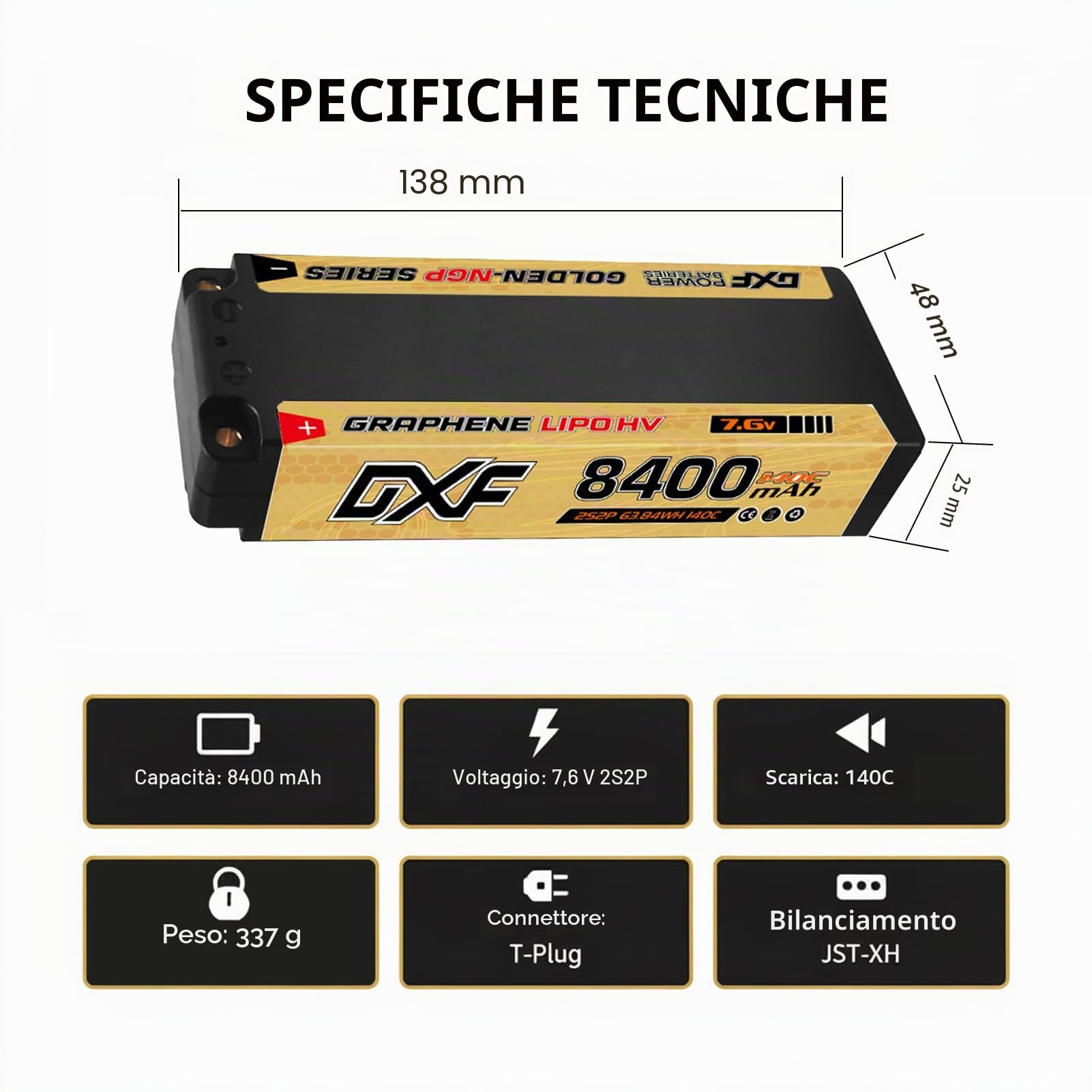 DXF Batteria LiPo 2S 7.6V 8400mAh 140C HV Spina Deans T Bullet 5mm EFRA Auto RC 1/8 1/10 Truck Buggy Touring Car Compatta Leggera Potente Gare Racing Corse Modellismo 2 Pezzi