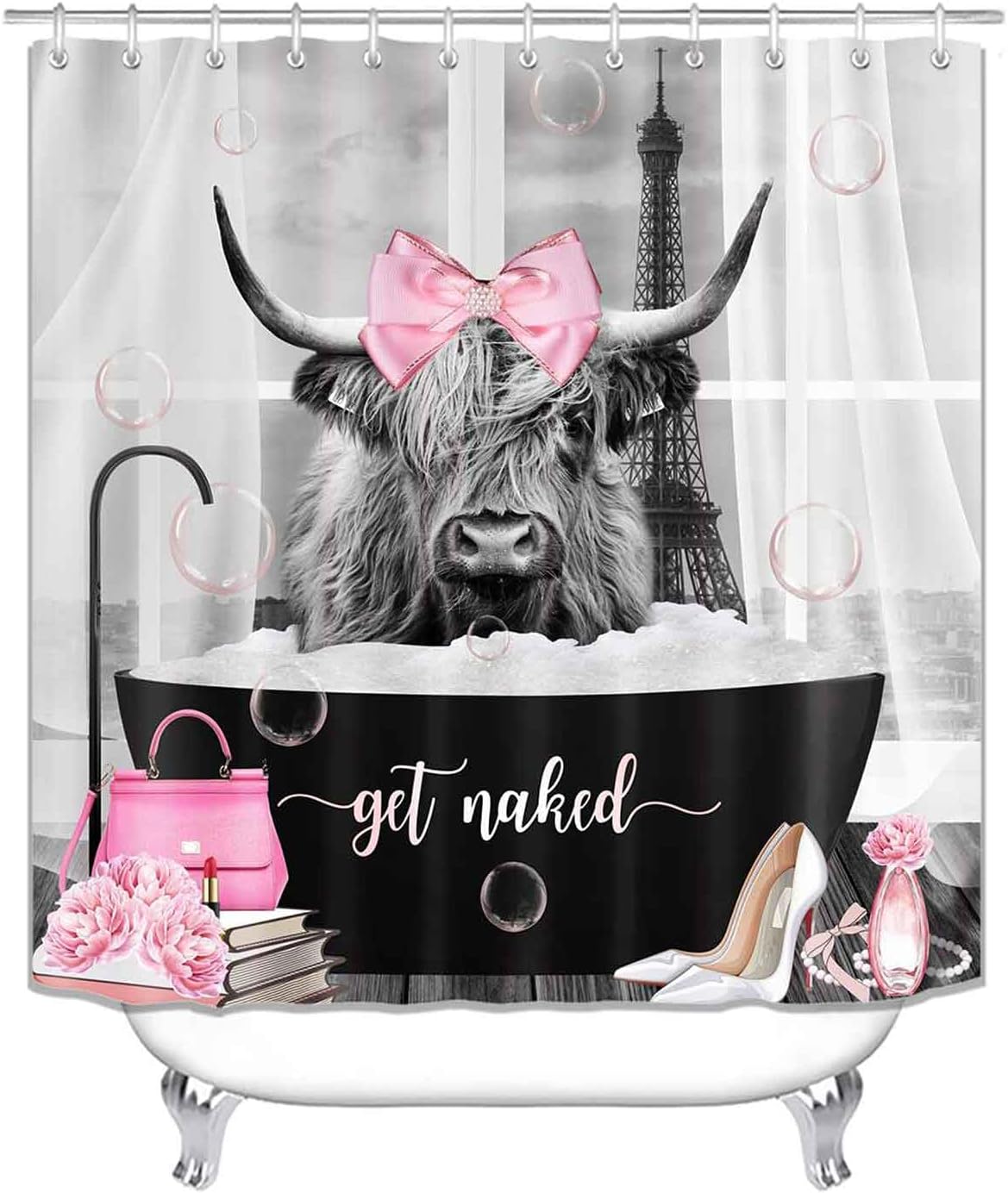 4PCS Fashion Highland Cow Shower Curtain Sets with Rugs, Waterproof Fabric Grey Shower Curtain, Funny Quotes Bull Cattle Pink Floral Bag High Heels Perfume Bathtub Bubble Modern Bathroom Decor