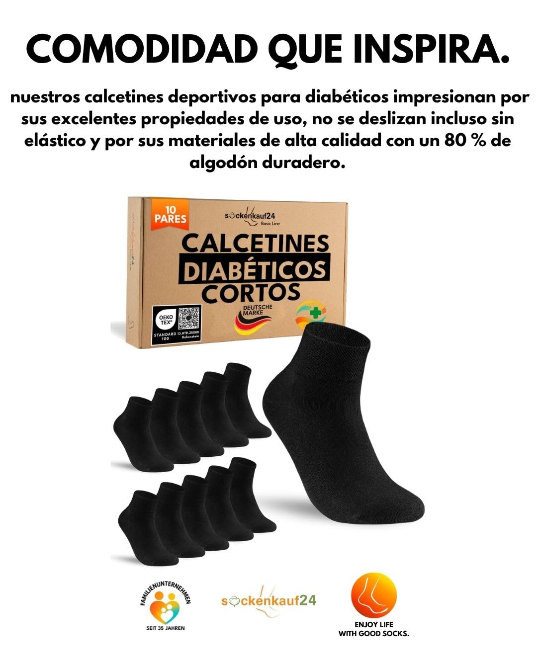 sockenkauf24 10 Pares Calcetines Diabéticos Cortos sin Elástico y sin Costuras con Cintura de Confort Hombre Mujer Algodón