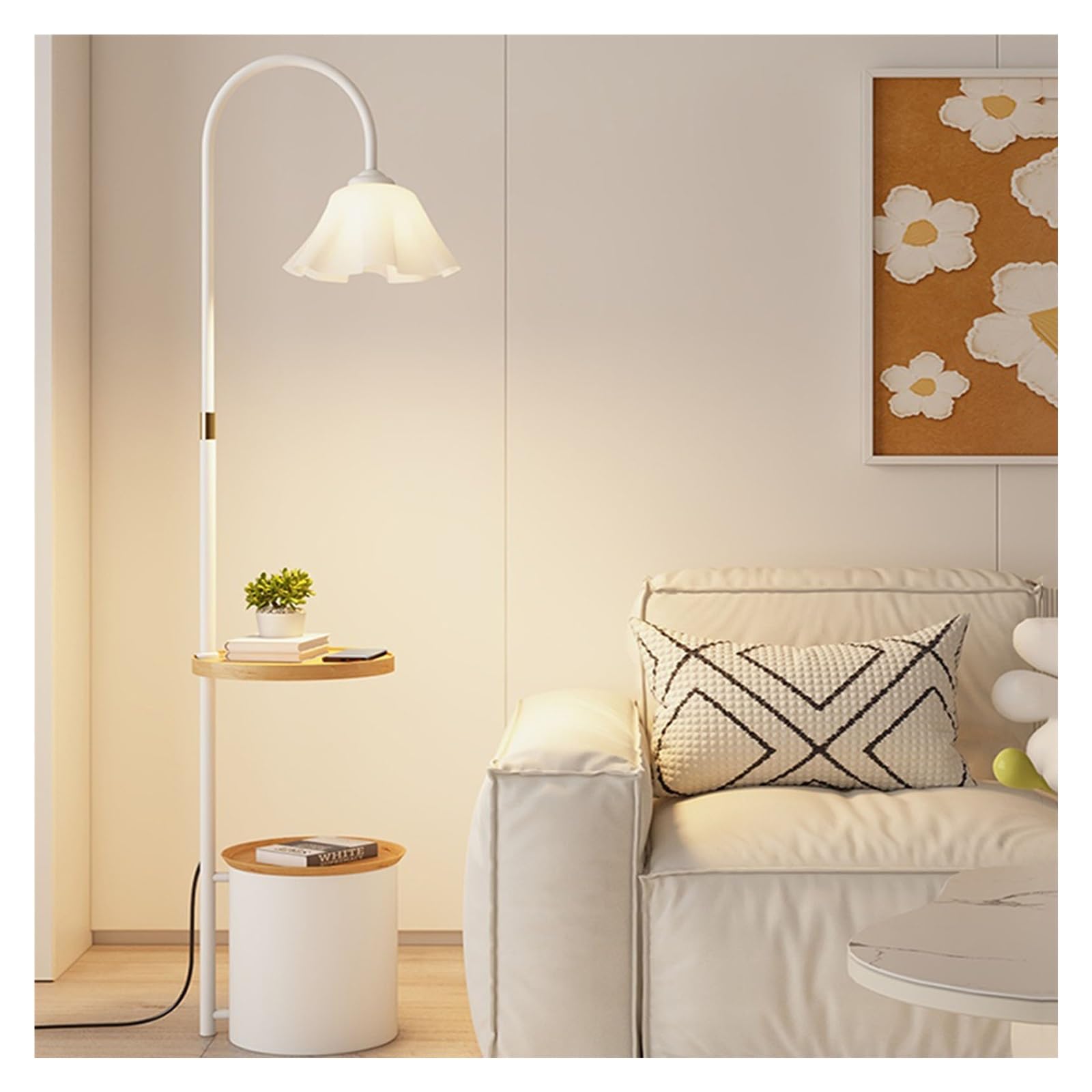 Z4T8M2K6G5 Tall Standing Lamp Modern Creative Petals Floor Lamp with Wood Tray, Nightstand with, Mid Century Standing Lamps