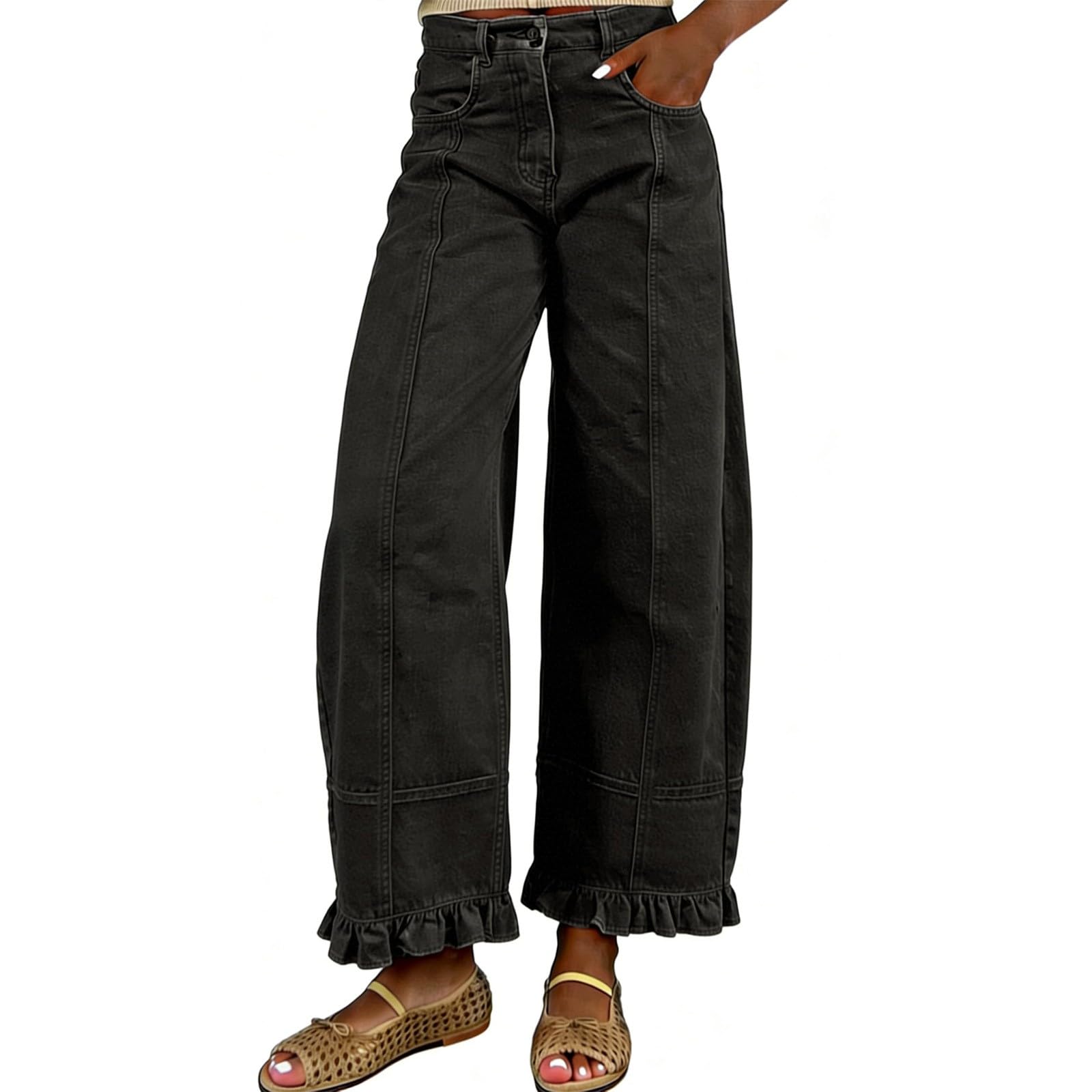 Jeans da donna taglie forti, jeans da donna a vita alta, gamba larga | Eleganti pantaloni in denim con volant, stile patchwork, stile Harajuku, per il tempo libero, per adolescenti e ragazze