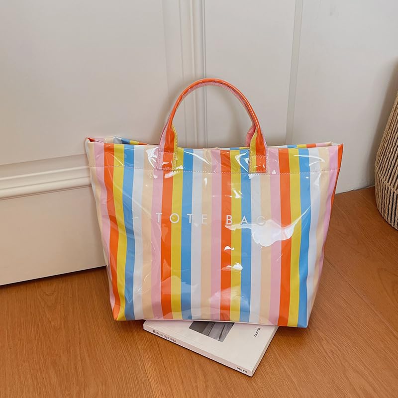 Image of Lushandy Striped PVC Tote Bag for Women, Checkered Plastic Tote Bag for Beach Pool Large Plaid Letters Print Hobo Handbag