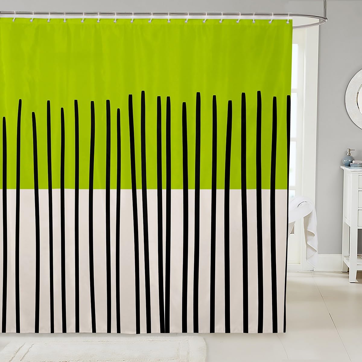 Erosebridal Geometric Minimalist Shower Curtain, Limegreen White Waterproof Bathroom Curtains, Abstract Black Striped Bath Curtain Modern Simple