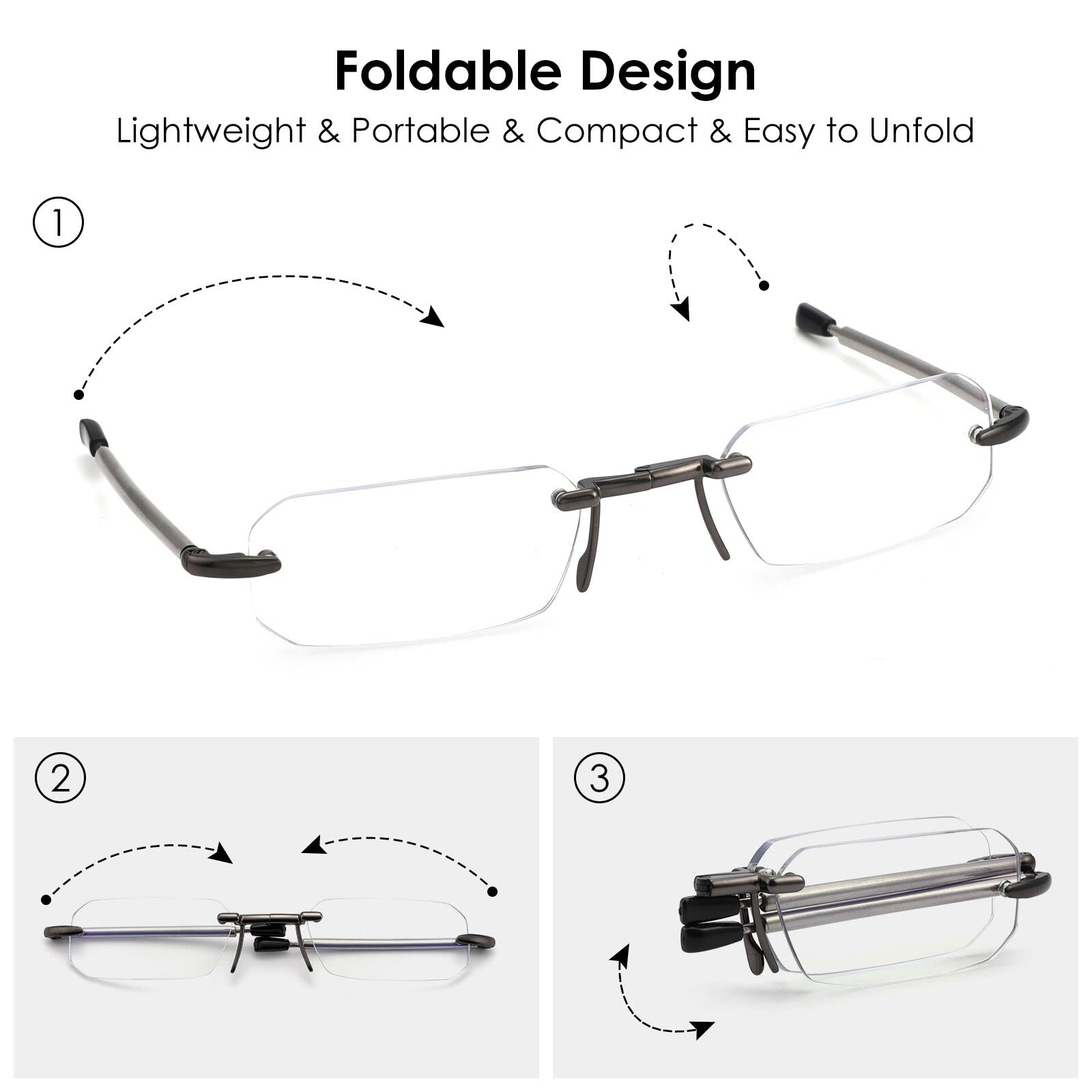 ZUVGEES Rimless Folding Reading Glasses (Grey, 1.00) - Image 4