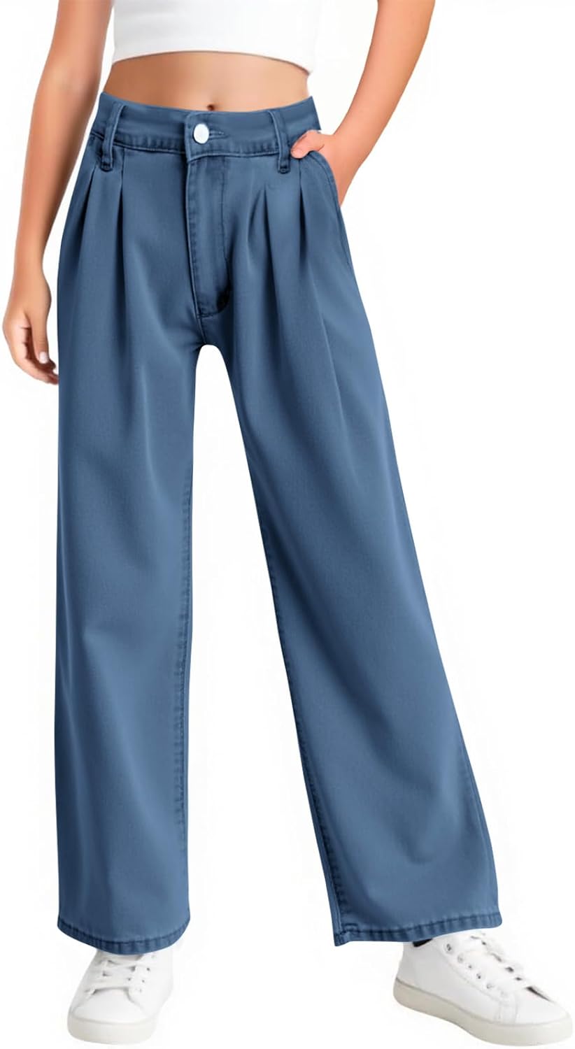 Haloumoning Girls Wide Leg Baggy Jeans Kids Fashion Pleated Elastic High Waist Denim Pants with Pockets 5-14 Years