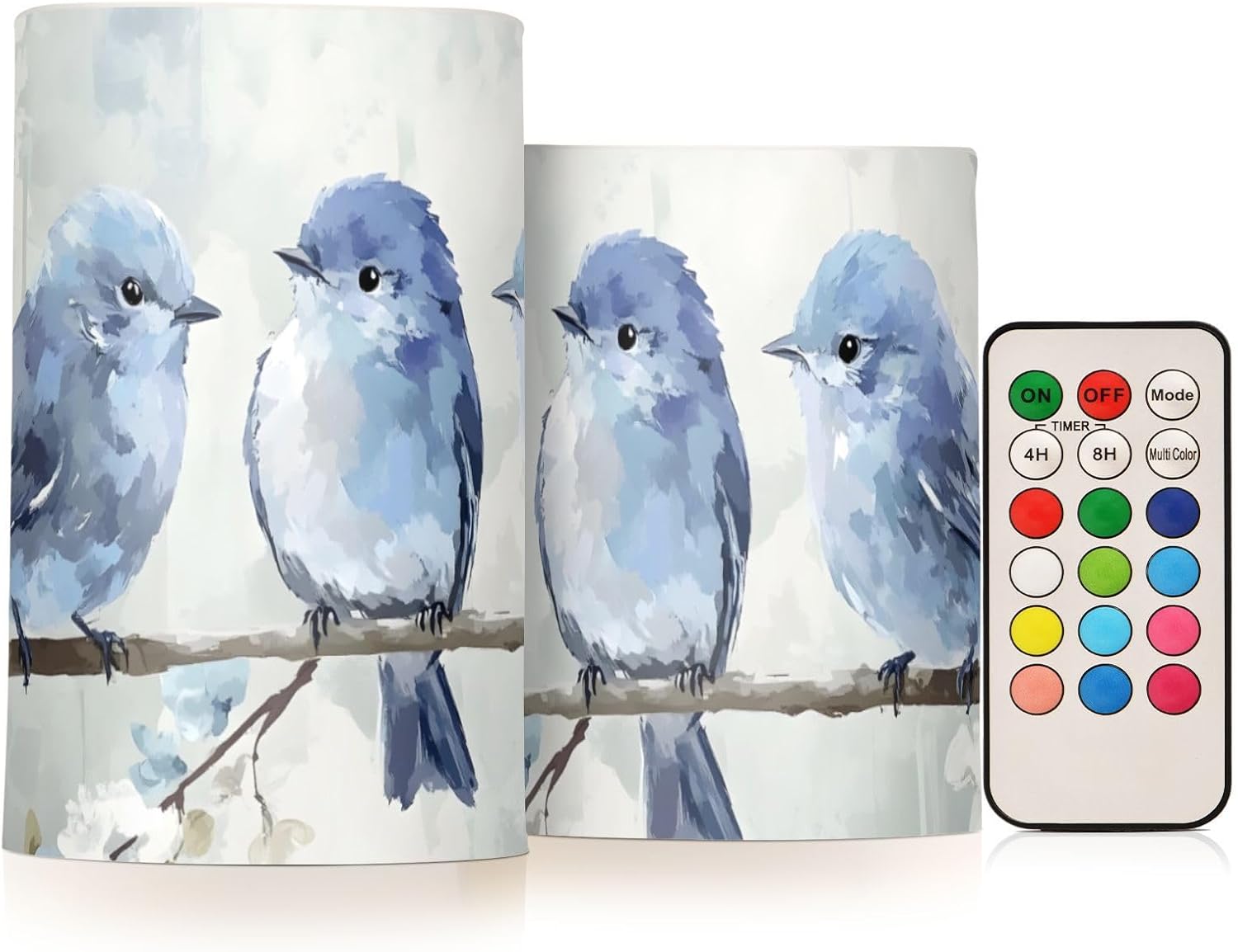 Blue Birds Branch Flameless Candles with Remote Set of 2 - No Batteries Included, 3” Diameter Battery Candles Flickering with Timer, LED Pillar Votive Candles for Outdoor Indoor