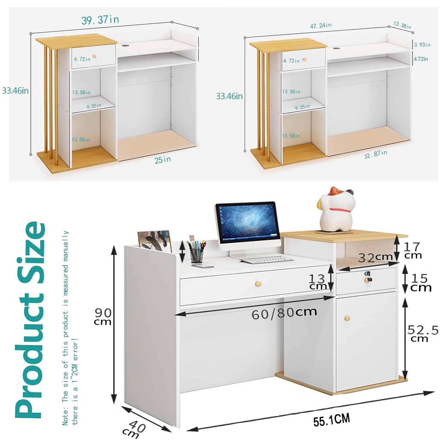 Empfangstheke, Ladentheke, Verkaufstheke, Empfangstheke mit abschließbaren Schubladen, Büro-Empfangstisch mit Regalen und 4 Stauräumen, Empfangstisch für Geschäft (Weiß, 120 * 90 * 35)