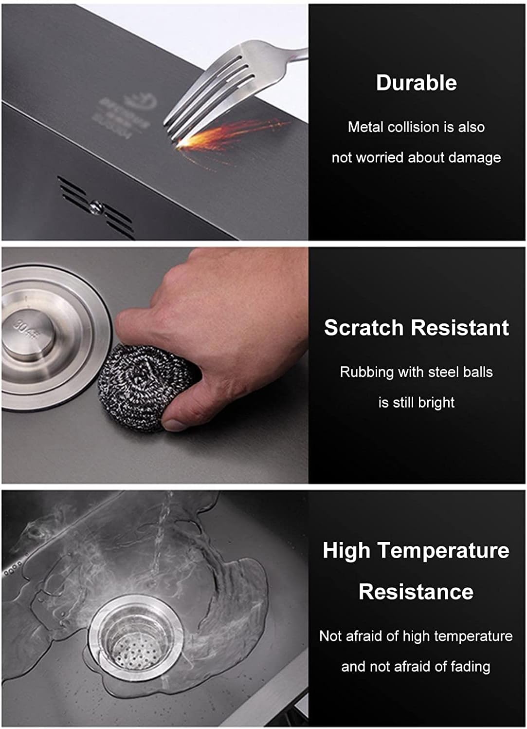 ,Stainless Steel Household with Drain Hole Bar Prep Square with Pull-Out Faucet Stainless Steel Household with Drain Hole Black Grey Thickened 304 Stainless,60x45cm