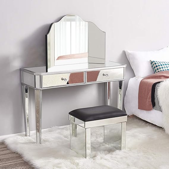 Mirrored Dressing Table Set Furniture Glass With 2 Drawers Vanity
