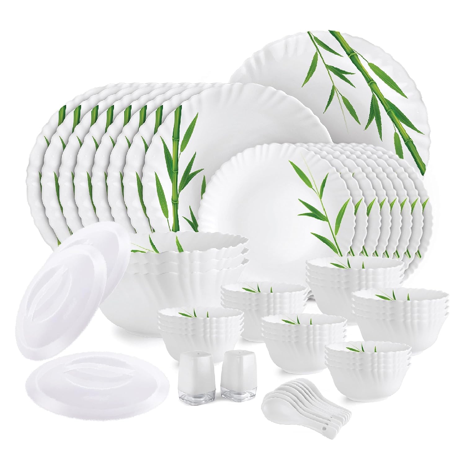 Opalware Dazzle Series Bamboo Groove Dinner Set - 57Pcs | Opal Glass | Lightweight | White Plates & Bowls | Dining & Gifting