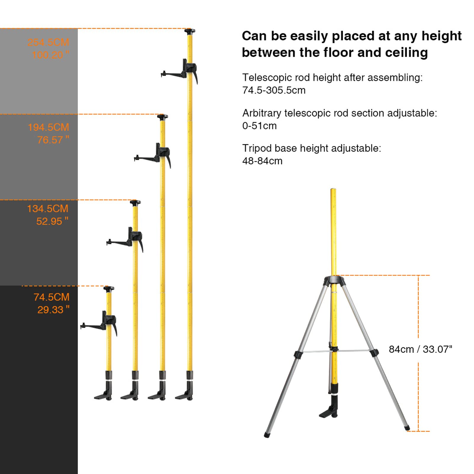 Poste de Nivel láser Profesional, Poste láser telescópico Ajustable con trípode y Soporte láser de 1/4 Pulgadas por 20 Pulgadas para láseres rotativos y de línea, para láser rotativo y láser