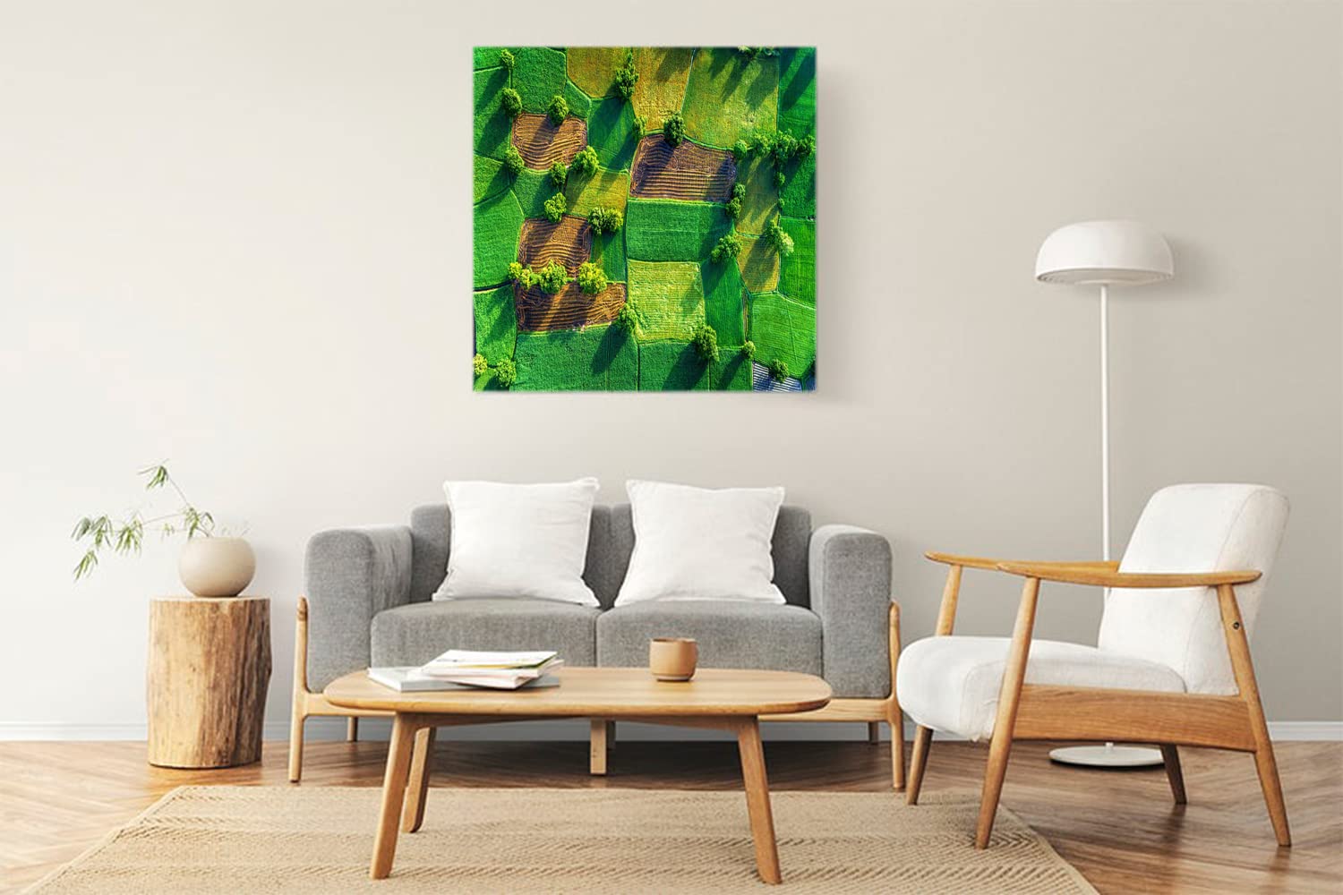 VERRE ART Wood Framed Canvas - Wall Decor for Living Room, Bedroom, Office, Hotels, Drawing Room (22in X22in) - Paddy Fields Aerial View Scenery