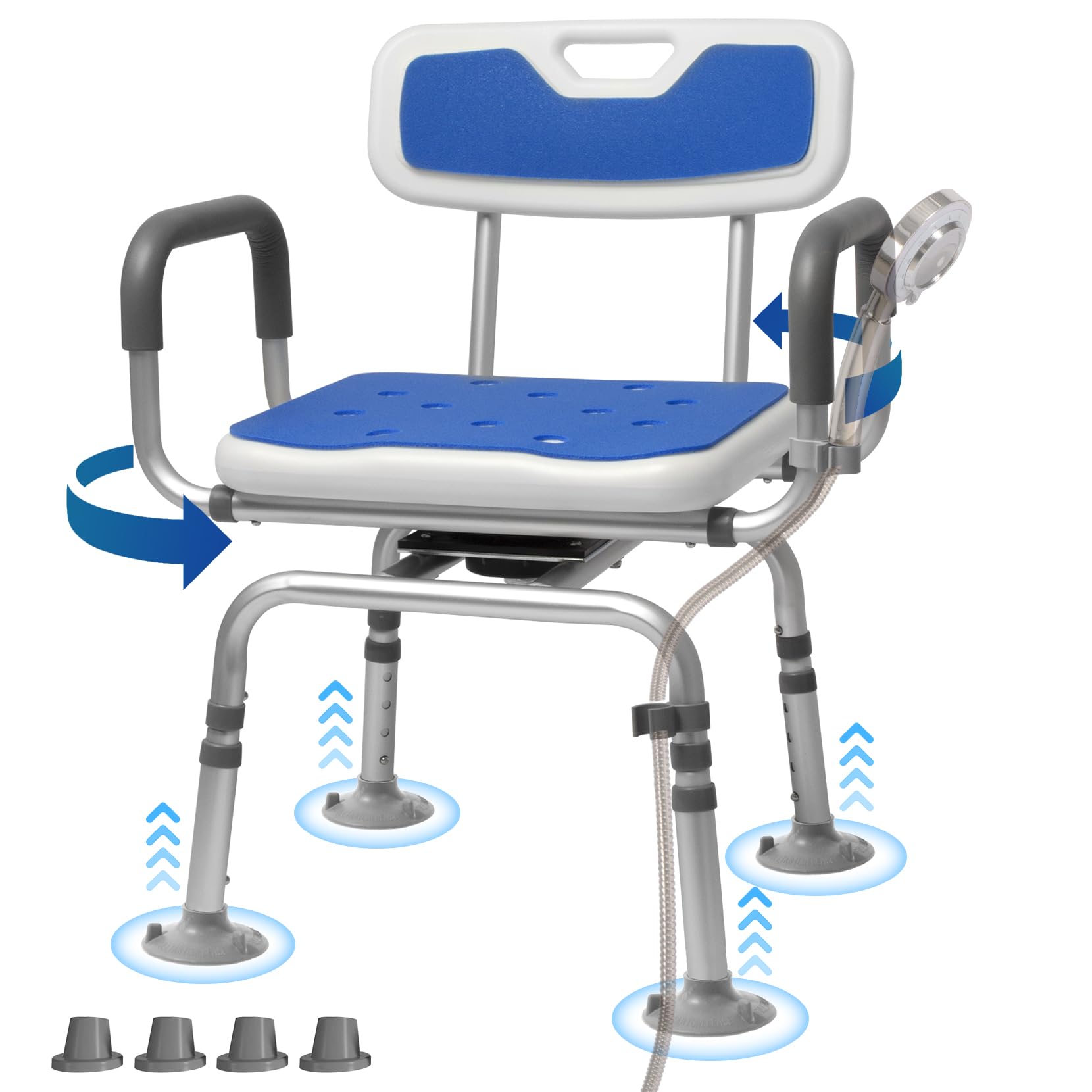 Silla de Ducha giratoria de 360° con Respaldo y Brazos, Silla de Ducha giratoria para discapacitados con Almohadillas a Prueba de frío, soporta 400 Libras, Montaje sin Herramientas, Silla de Ducha
