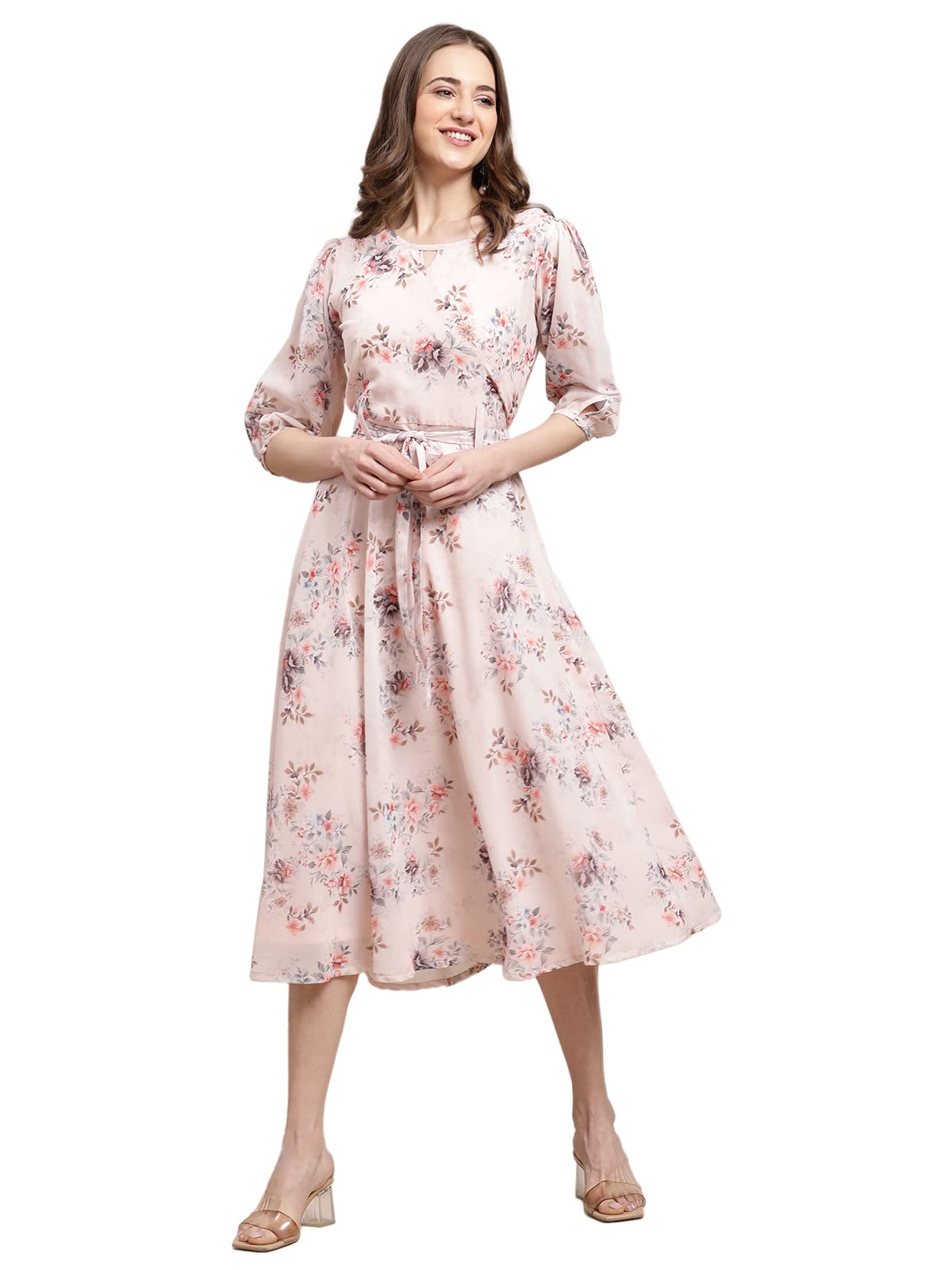 Preneum Women's Maxi Fit & Flare Latest Style Print Georgette Regular Sleeves Casual Maxi Dress || Summer Dress Festival & Occasion, Baby Pink, 2Xl