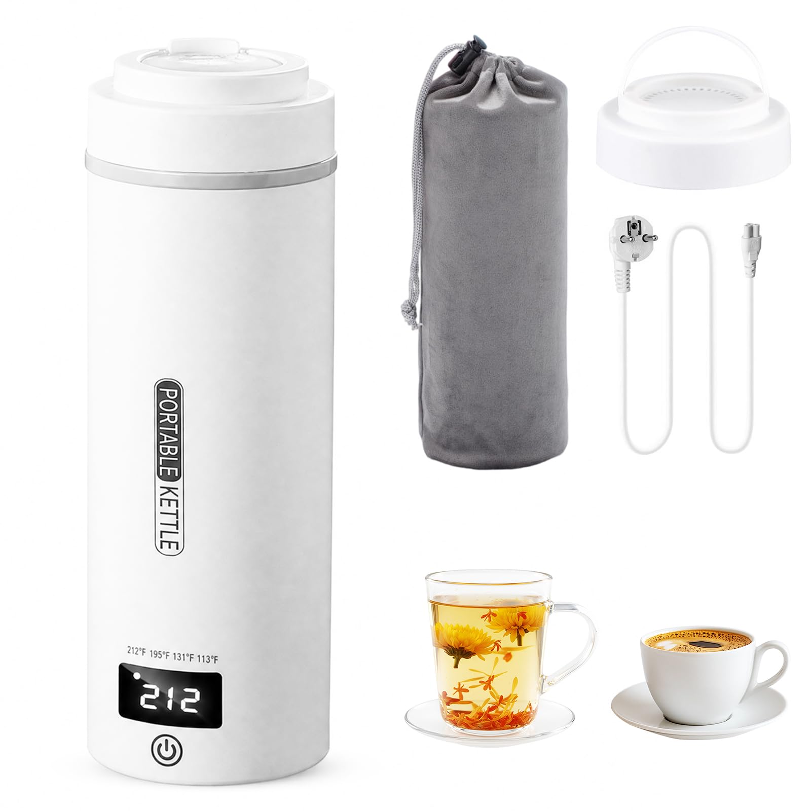 Hervidor eléctrico de viaje con ajuste de temperatura, hervidor de agua de viaje pequeño 520 ml, hervidor de agua portátil, mini taza de agua de acero inoxidable 316, apagado automático, para té, café