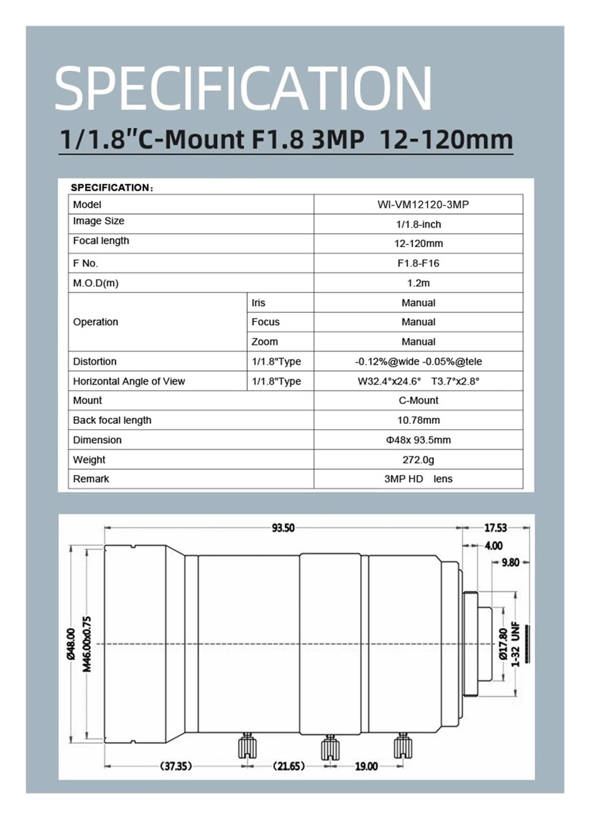 Obiettivo Vifocal 3 Megapixel 12-120mm Iris Manuale 1/1.8" Obiettivo C Mount for Telecamere IP Bassa Distorsione