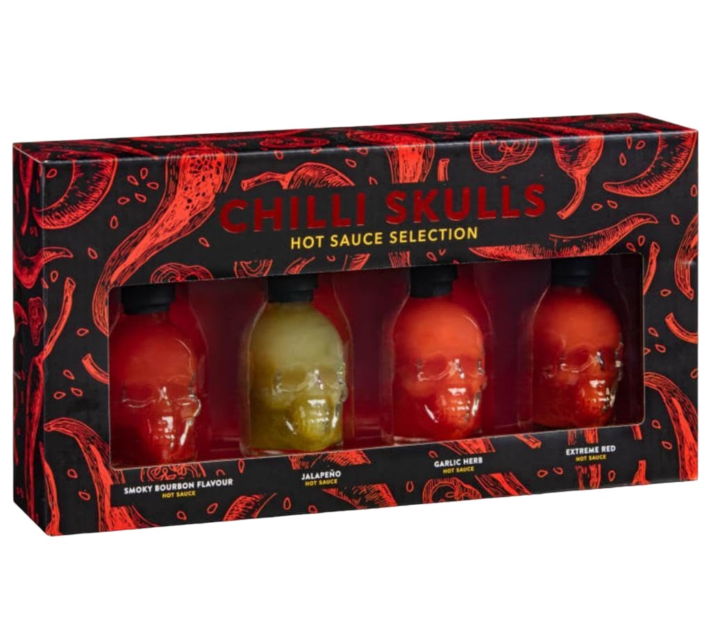 Chilli Skulls Hot Sauce Collection Pack of 4 Flavourful Sauces Skull-Shaped Bottles Gift