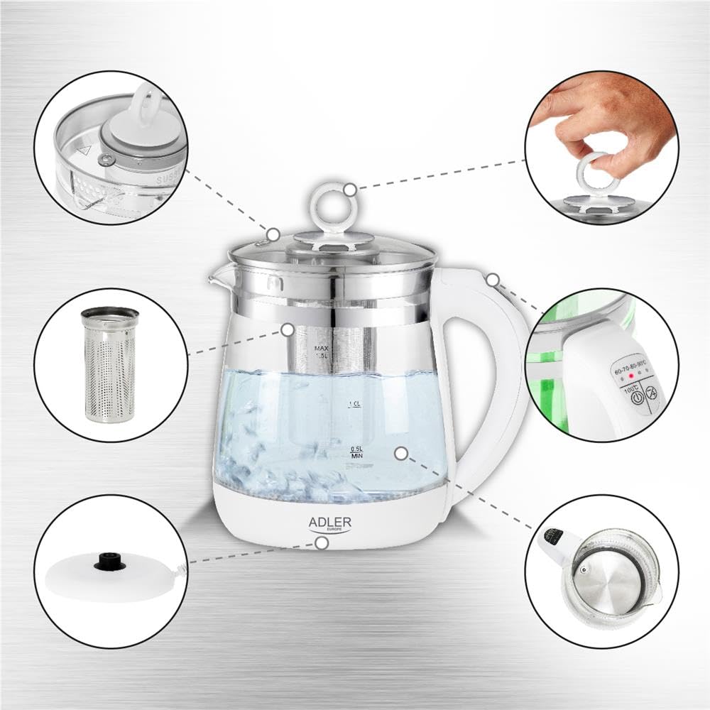Adler AD 1299 Hervidor de Agua Eléctrico de Cristal 1,5 Litros,Infusor,Vidrio sin BPA,Retroiluminado,Regulador Temperatura 60 a 100 gradosC, Apagado Automático, Inalámbrico 360grados sin Cable, 2200W