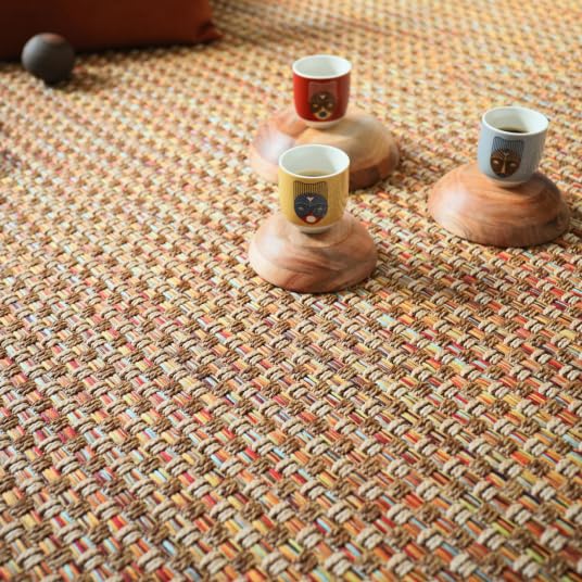 Decoweb Moquette Tissé Plat - Népal Natté 4x4 - Nature Multicolor Rouge - Rouleau de 4m x 3.00m