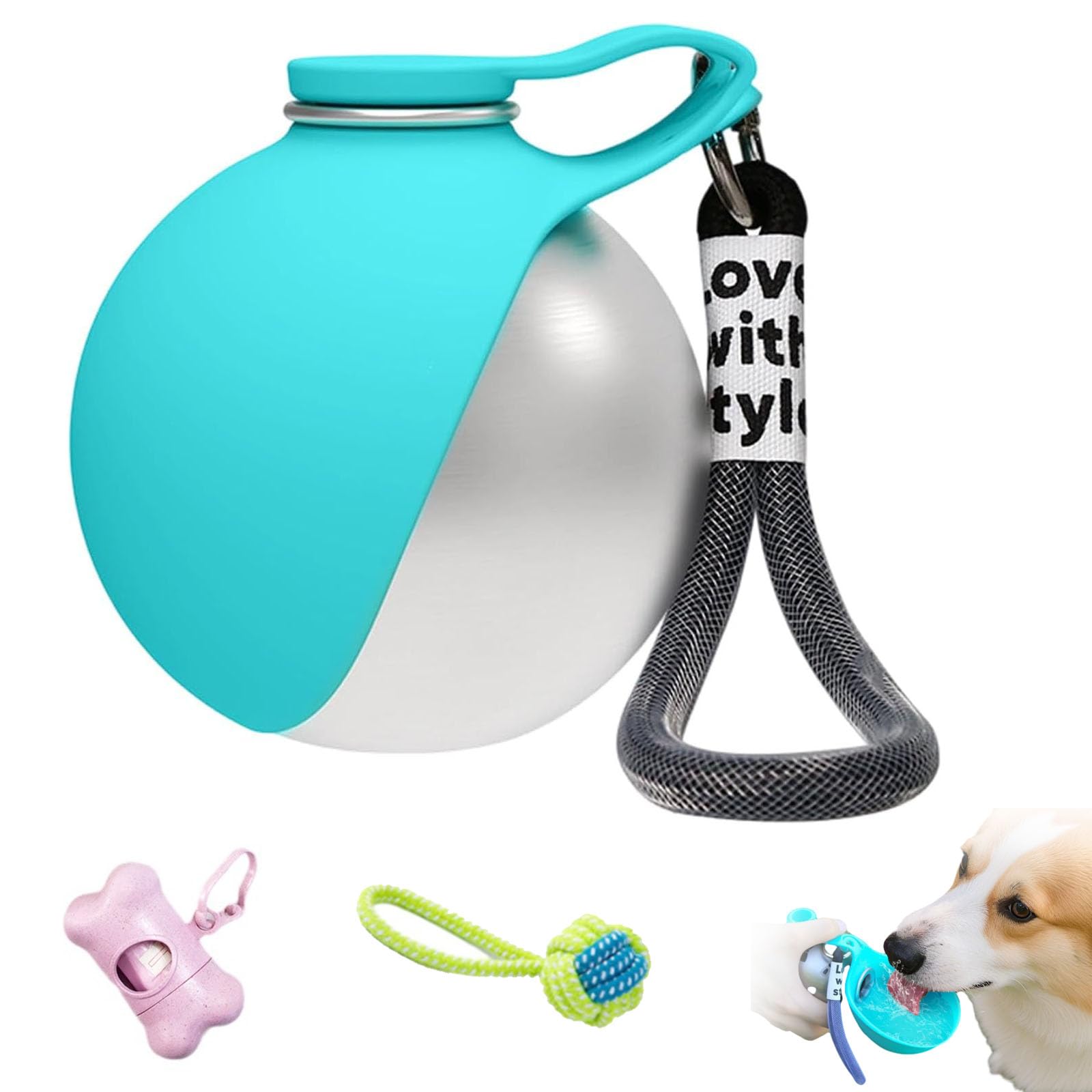 Borraccia portatile 2 in 1 per cani, con ciotola, da 300 ml, in acciaio inox, a tenuta stagna, con ciotola in silicone, utilizzabile con una sola mano, per cani di piccola taglia, passeggiate
