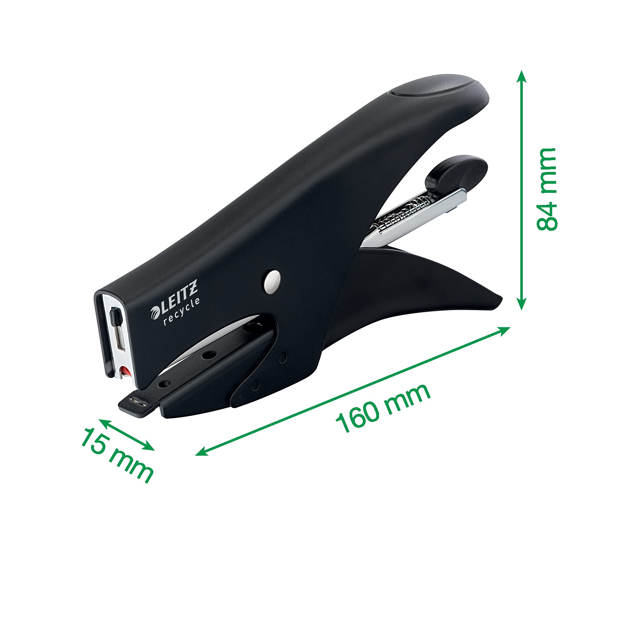 Leitz NeXXt Heftzange, Hefter mit Hinterlademechanik, Strapazierfähiges Zubehör für Zuhause/Büro, Metall, 100 % Recycelbar, CO2-Neutral, Recycle Sortiment, Schwarz, 56460095