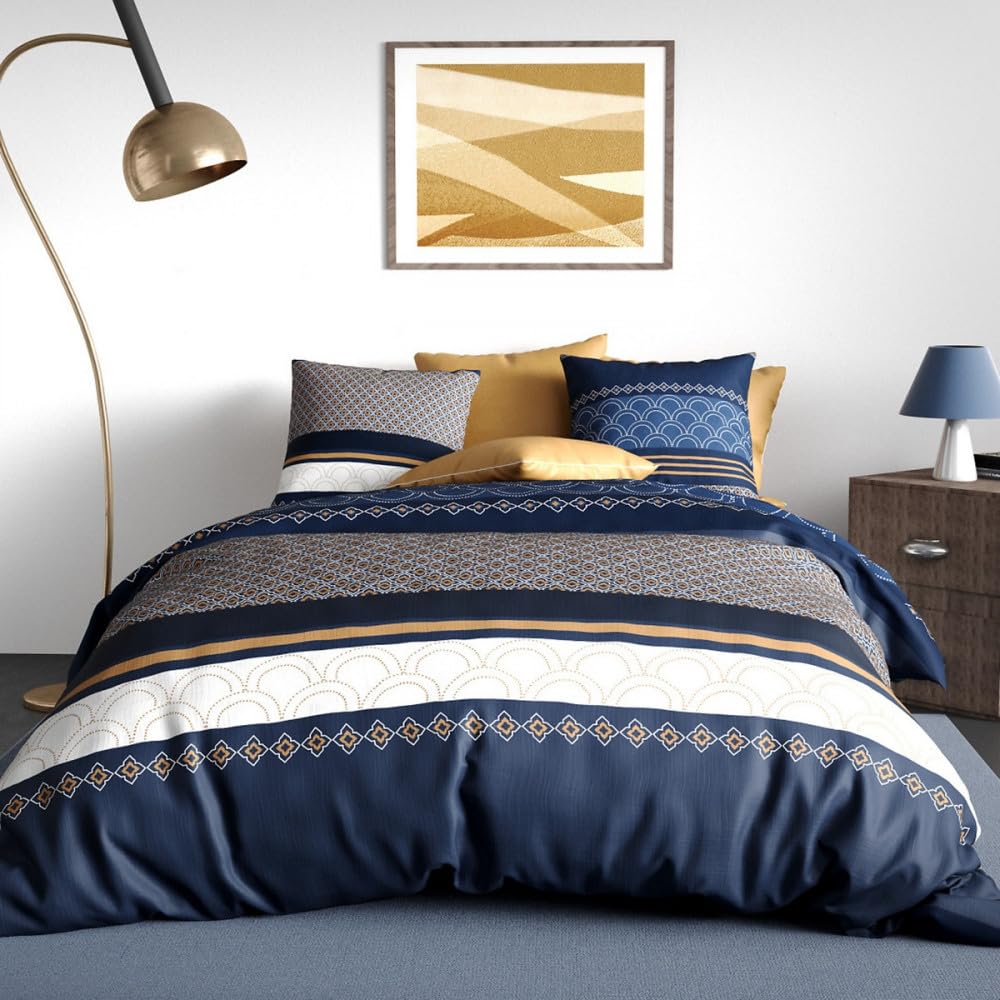 Parure de lit KALYPSO Bleue, Blanc et Ocre - Housse de Couette 220x240 cm + 2 taies 100% Coton 57 Fils - Finition Boutons