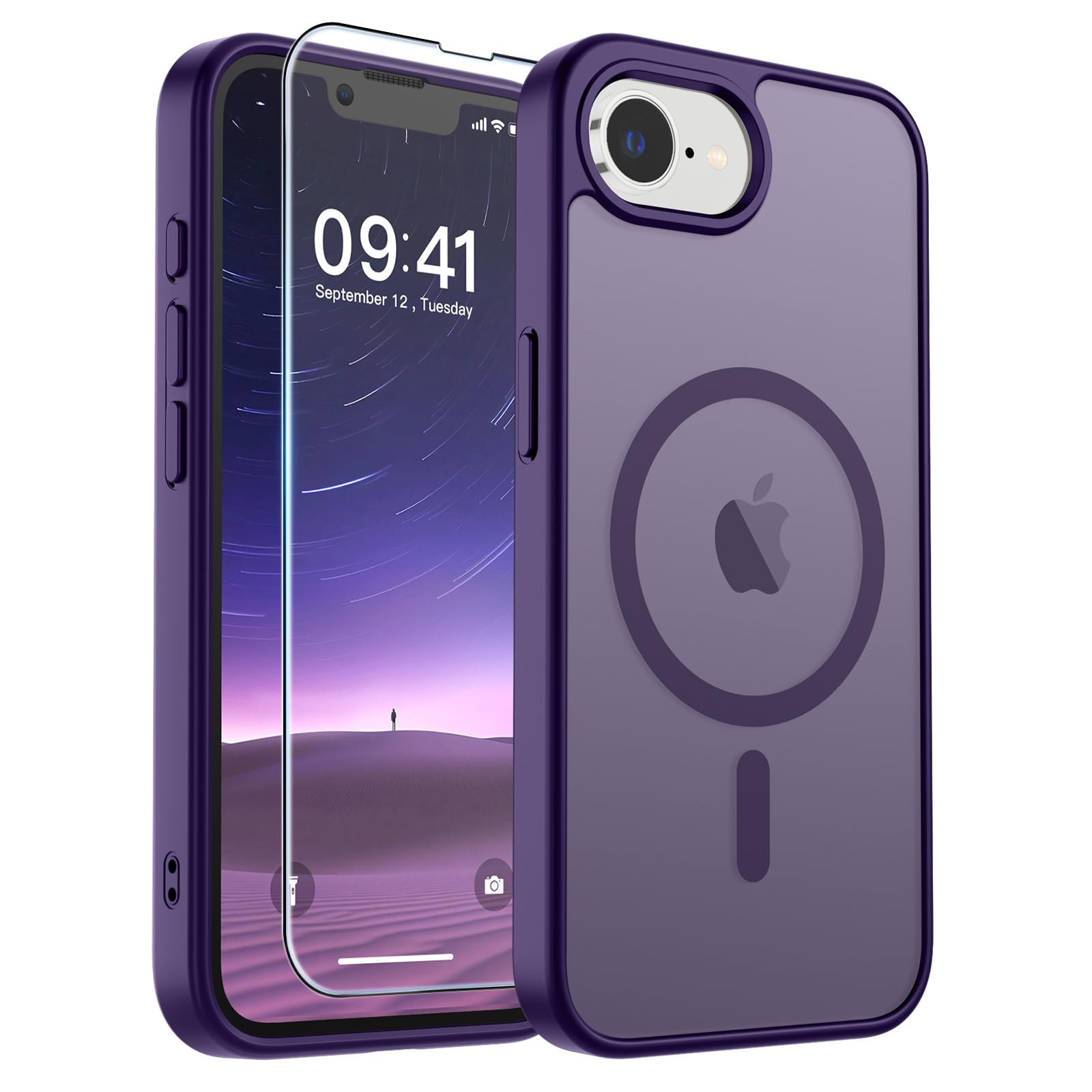 SUPFINE Magnetic for iPhone 17e Case/iPhone 16e Case Dark Purple | With Screen Protector, Translucent Matte, Compatible with MagSafe, Military Grade Drop Proof, Rugged Shockproof Protective