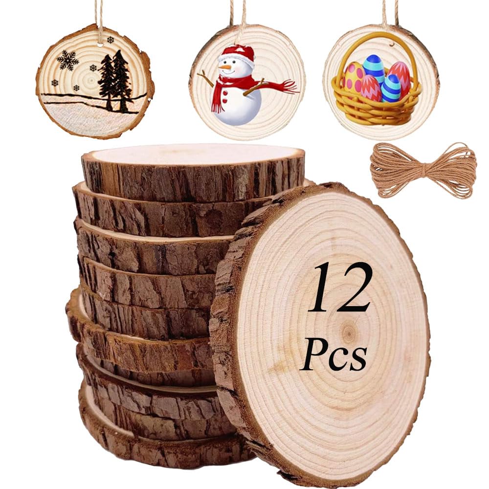 Unfinished Natural Wood Slices with Bark - 12 Pcs 9-10 CM DIY Craft Kit | for Coasters, Christmas Decor, Rustic Wedding, Kids Art Projects