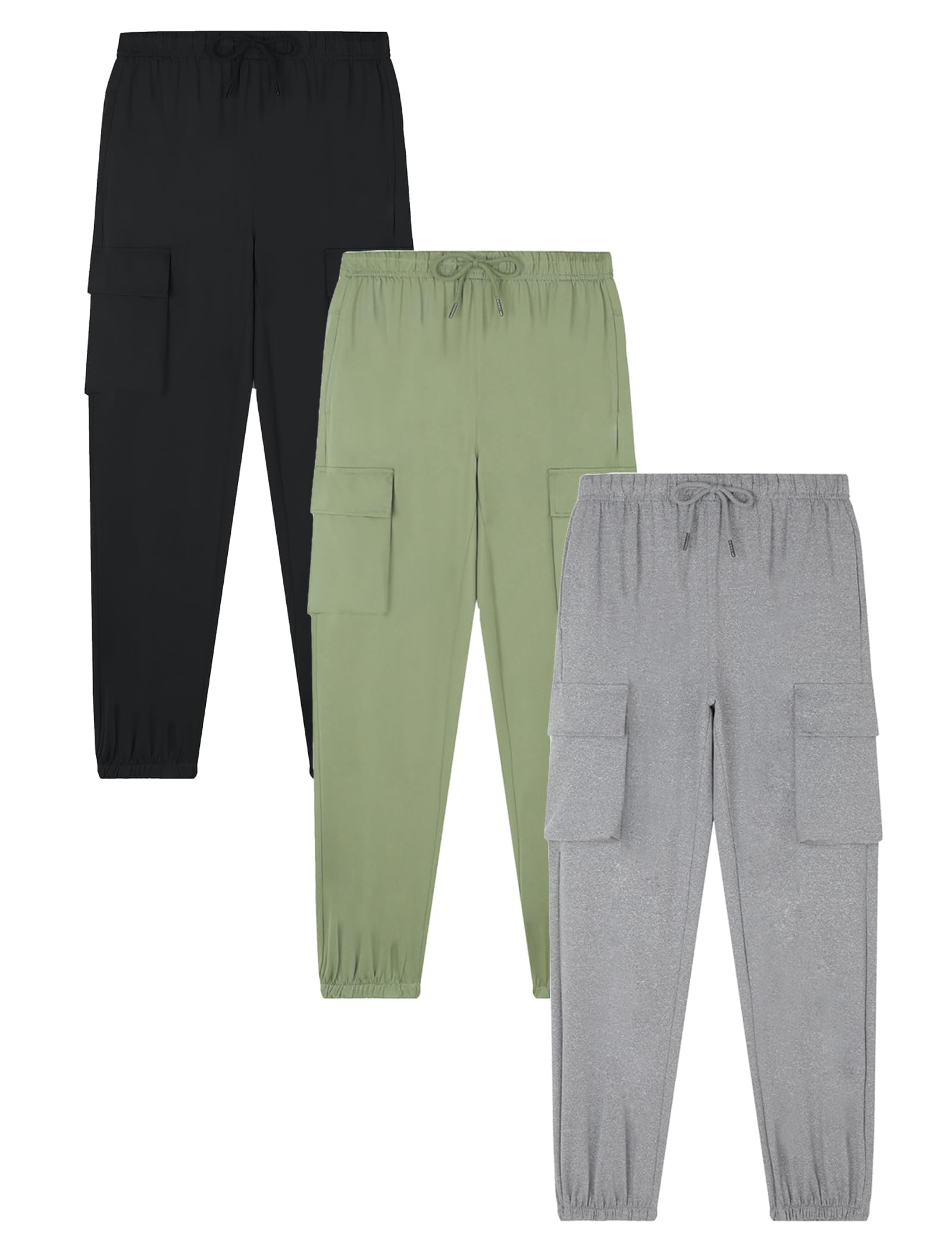 EXARUS 3 Pack Boys Cargo Joggers Hiking Pants Kids Lightweight Quick Dry Drawstring Elastic Waist Athletic 6-14Y