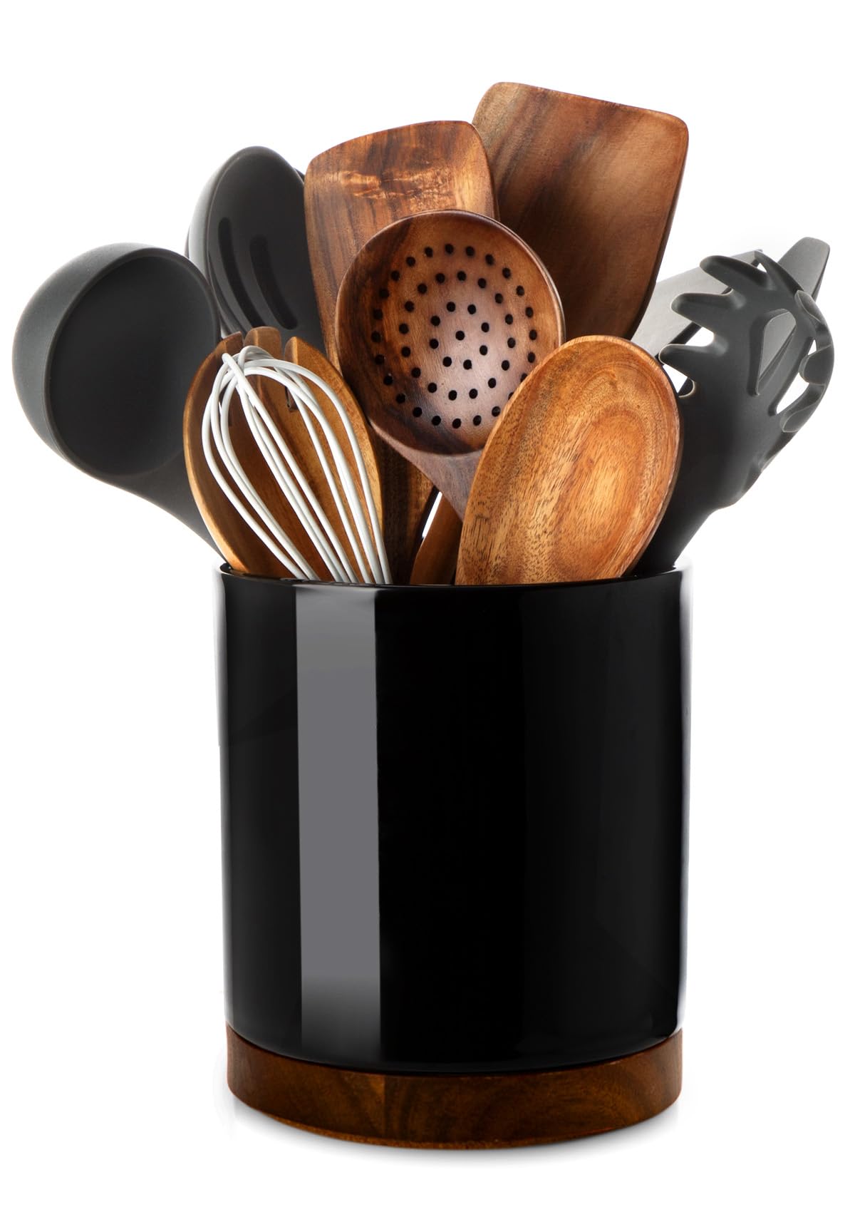 Nucookery 360° Rotating Utensil Holder, 7.2" Large Utensil Crock, White Ceramic Cooking Utensil Organizer with Countertop-Protection Cork Bottom for Farmhouse Kitchen Decor Gift (Black)