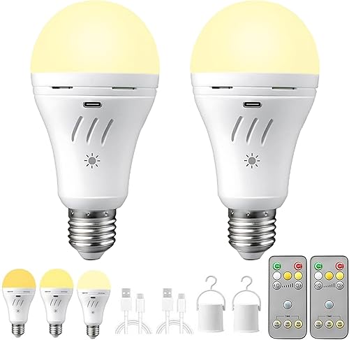Bombillas recargables con mando a distancia, USB + enchufe recargable con pilas, temperatura de tres colores, base E26, regulable, 2200 mAh,