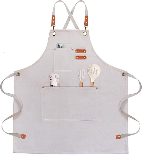 Delantal de chef para hombres y mujeres, delantales de lona con 3 bolsillos traseros cruzados, delantal de trabajo resistente para cocinar