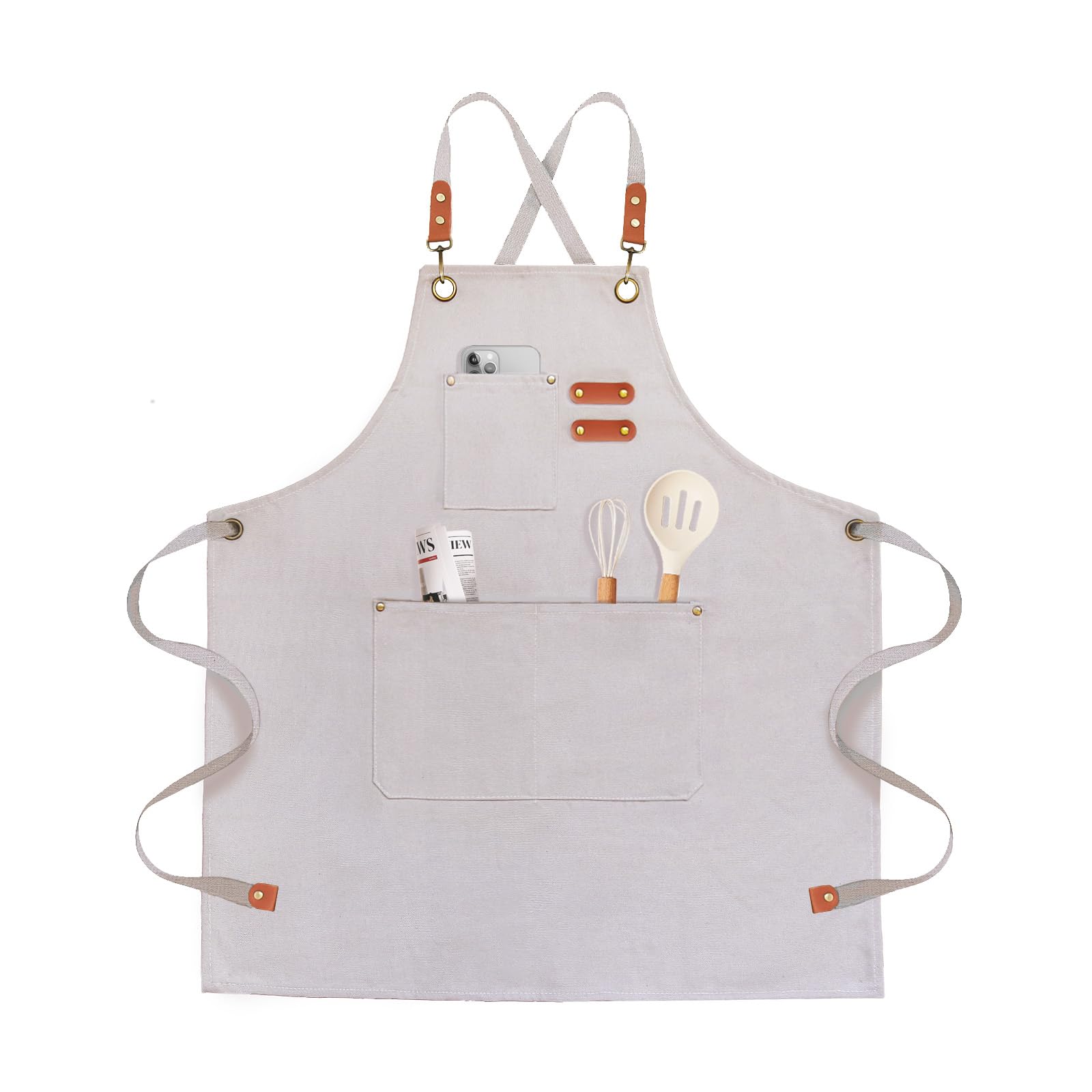 OUNLEN Chef Apron for Men Women Canvas Aprons with 3 Pockets Cross Back Resistant Work Apron for Cooking