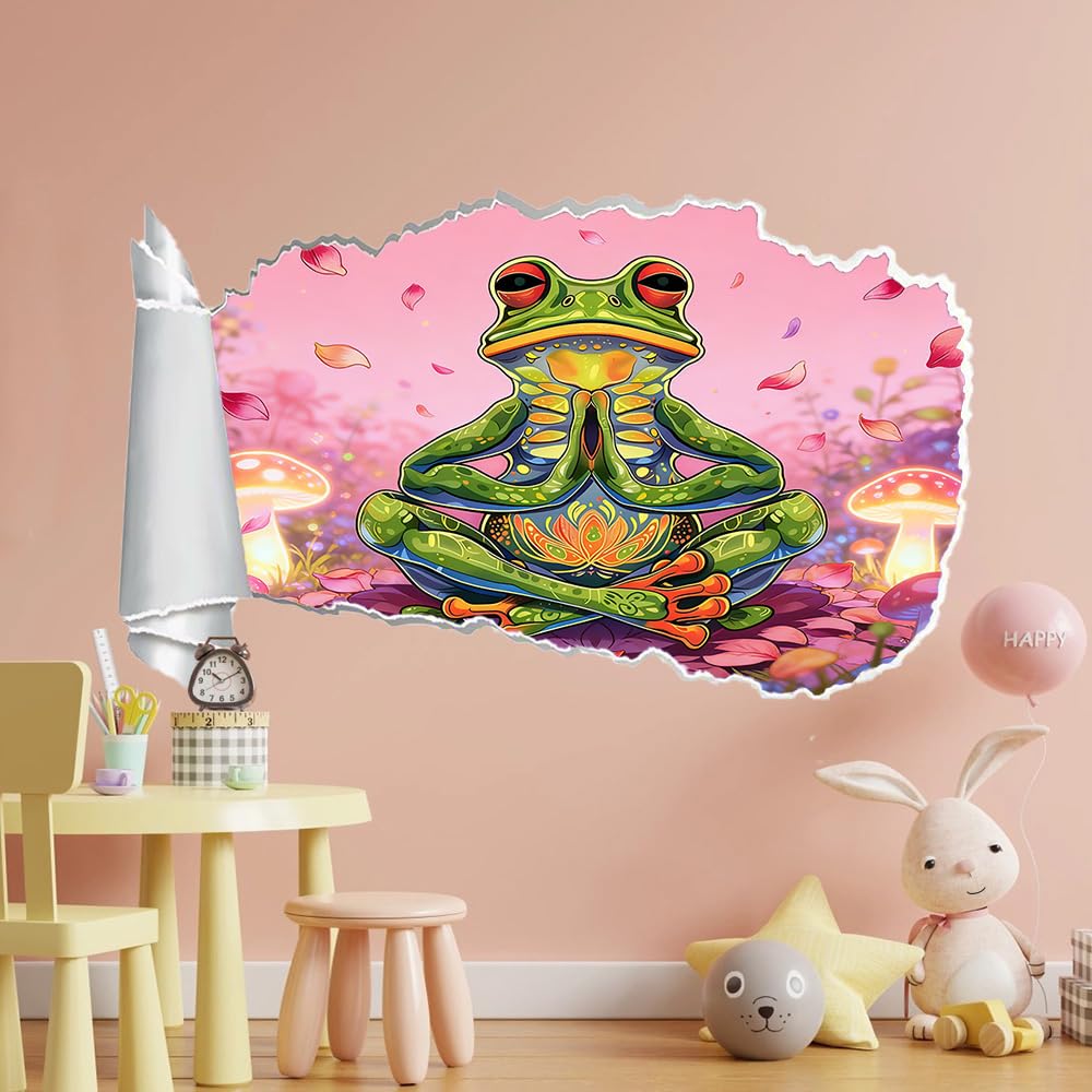 3D Wandtattoo Wanddurchbruch, Frosch-Yoga Durchbruch Wandaufkleber für Kinderzimmer, sticker für Wohnzimmer, Pilz Wandsticker, Wandbild Junge Mädchen Schlafzimmer