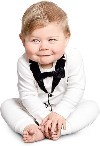 The Tiny Universe Mameluco de esmoquin para bebés y niños elegantes, traje de cuerpo con pajarita de satén, traje de boda de caballero