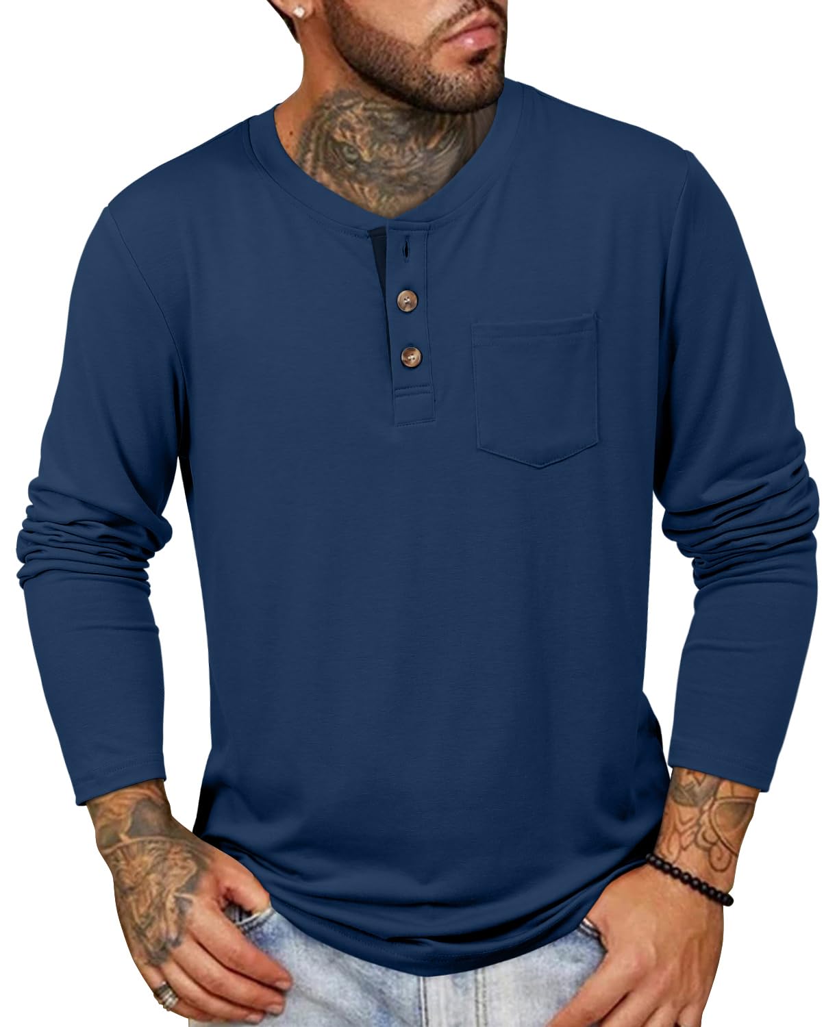 LinvichMens Long Sleeve Henley Shirts Three Button Front Placket Casual T-Shirts with Pocket