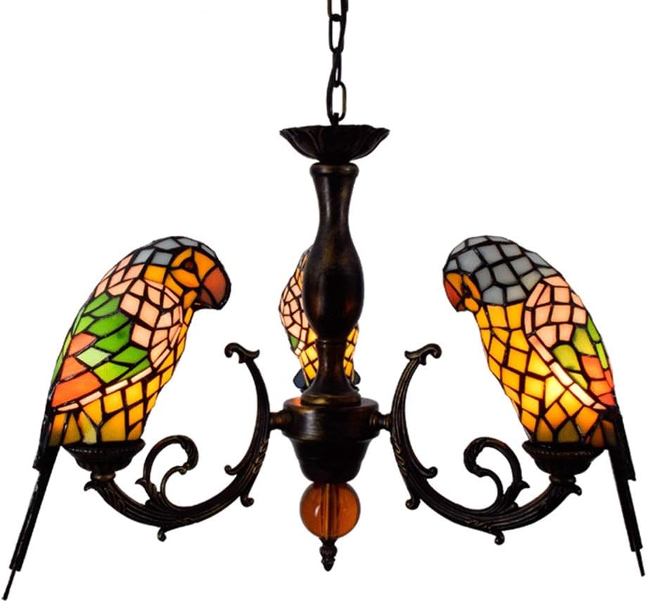 Lámparas de soporte Tiffany Lámpara pendiente de Tiffany manchado del estilo de la lámpara de cristal amarillo del loro pájaro animal pendiente de la luz Sombras 3 armas de techo ChandelieInverted