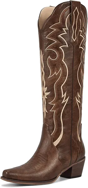 wetkiss Black Cowboy Boots for Women Knee High Cowgirl Tall Boots with Classic Retro Embroidered Chunky Heel Slip On Pointed Toe Womens Western Boots for Girls Ladies