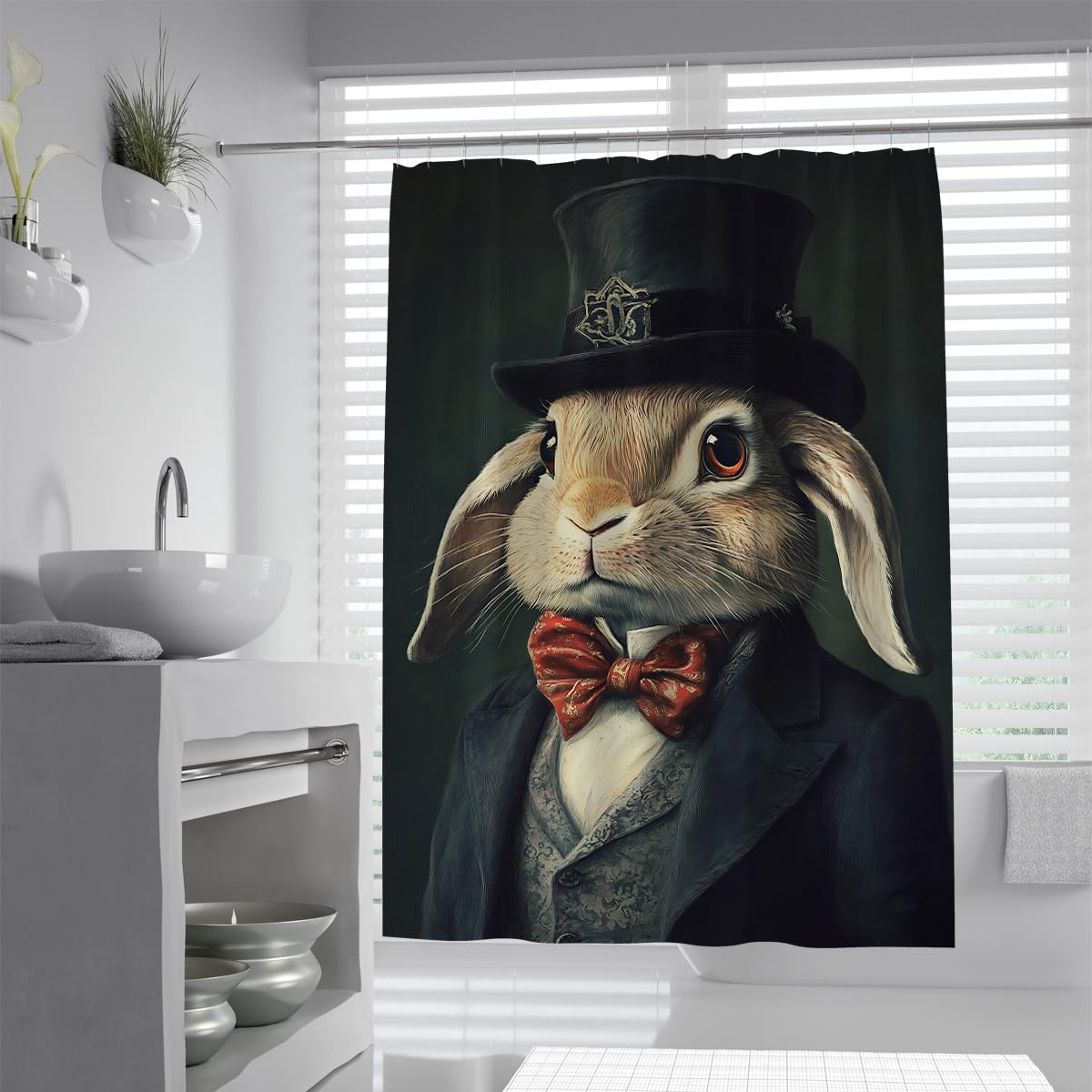 UERWOWELL Fantasy Bunny Shower Curtain with Whimsical Retro Tailcoat Dress Suit Design Bath Curtains Victorian Animal Bathroom Decoration Polyester W150xL180 cm