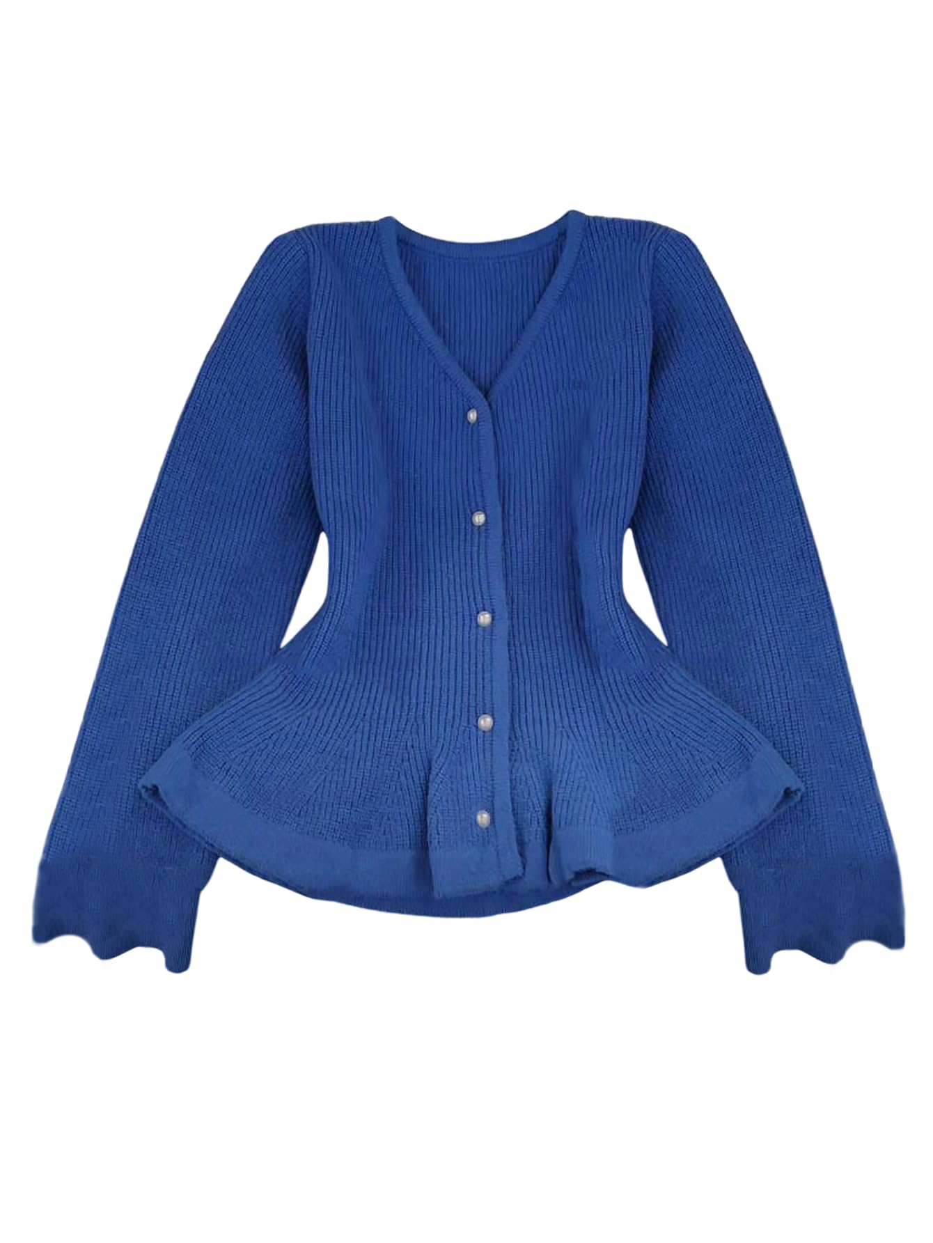 GORGLITTER Womens Button Up Peplum Sweater Knit Pearl Long Sleeve V Neck Ruffle Cardigan Sweaters